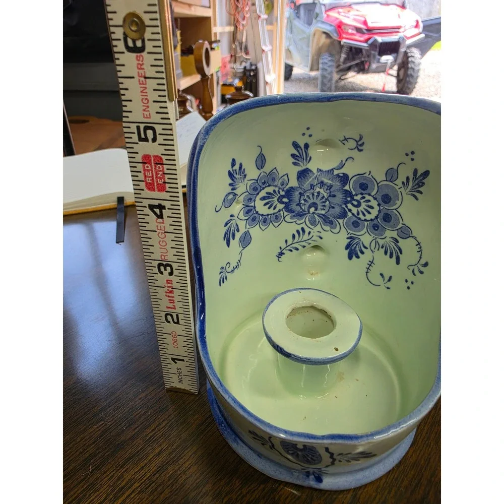 Vintage Blue and White Floral Ceramic Chamberstick Candle Holder with Handle 6in